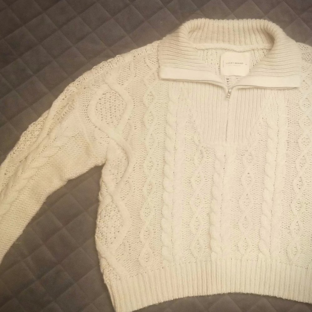 Lucky Brand Women's Cable Knit Sweater Cream 1/2 Zip Sweater